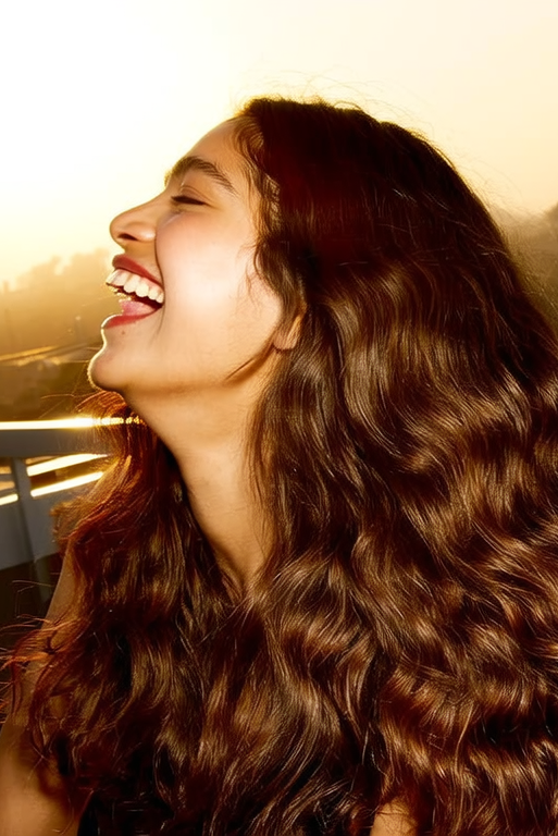 Two women laughing together on a rooftop with a sunset view.